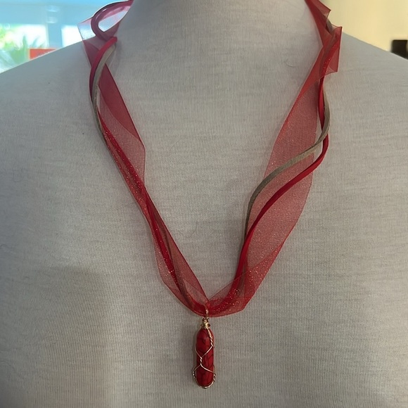 Red Ribbon and Vegan Leather with Howlite Pendant Necklace - Picture 1 of 5